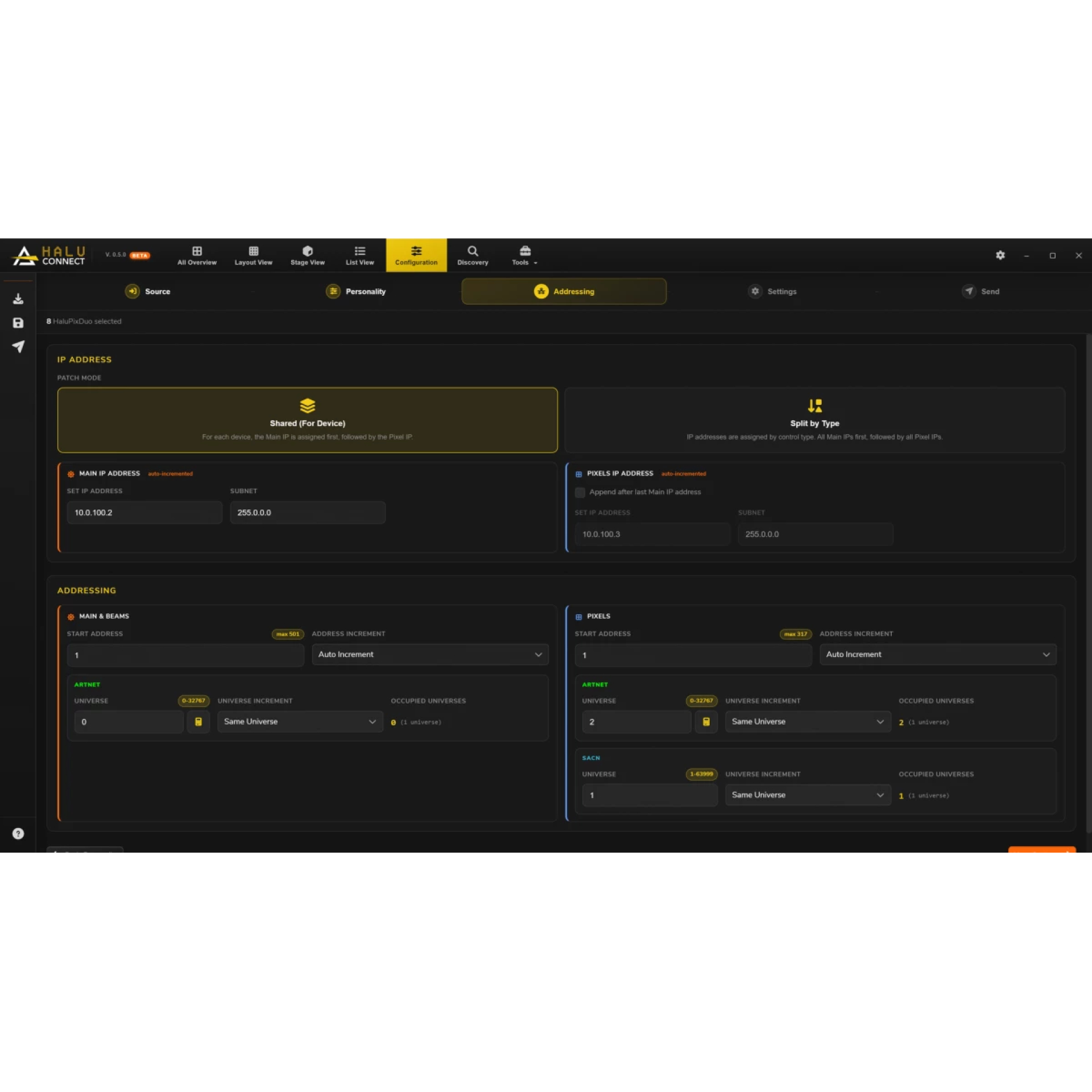 PROLIGHTS HaluConnect Addressing Screenshot
