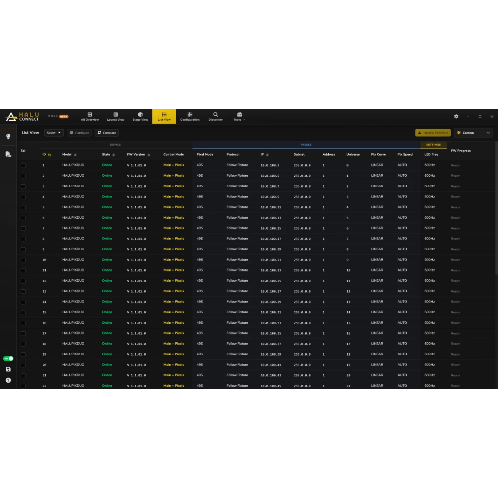 PROLIGHTS HaluConnect Lst View Screenshot