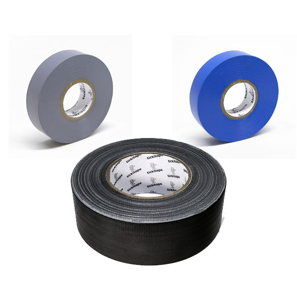 Tickitape tape 50mm black gaffa, 19mm grey pvc, 19mm blue pvc